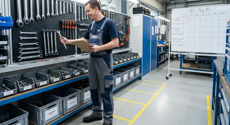 Organisierte Werkstatt mit Shadowboards, Werkbank und beschrifteten Schubladenschränken nach 5S-Methode