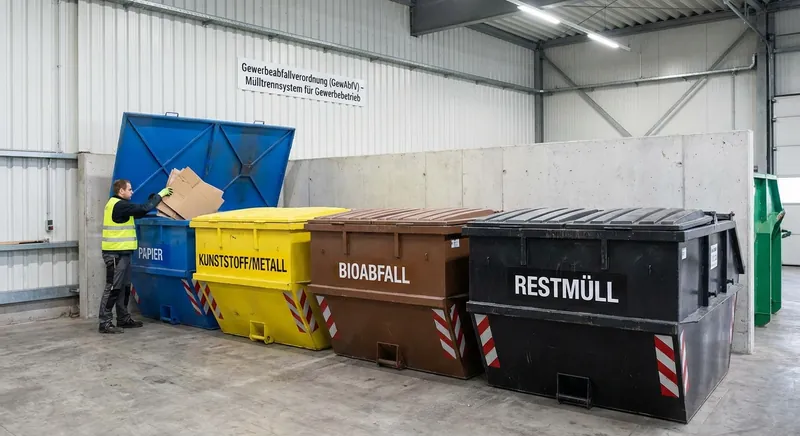 Vier HAILO ProfiLine WSB Wertstoffsammler nebeneinander mit farbigen Deckeleinsätzen für Papier, Kunststoff, Glas und Restmüll in einem Büroflur