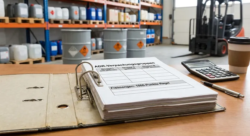 UN-zugelassener Gefahrgutkarton mit Verpackungscodierung und Gefahrzettel auf einem Versandtisch