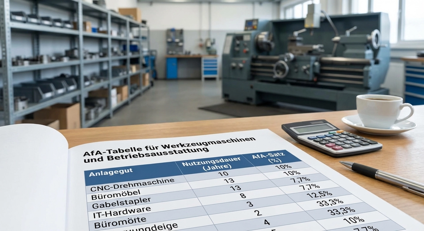 AfA-Tabelle Werkzeugmaschinen & Betriebsausstattung 2026: Nutzungsdauer, Abschreibung, Praxisbeispiele