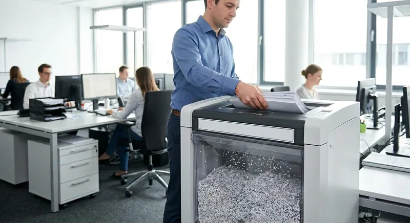 Aktenvernichter mit verschiedenen Sicherheitsstufen P-4 und P-5 nach DIN 66399 in einem deutschen Büro