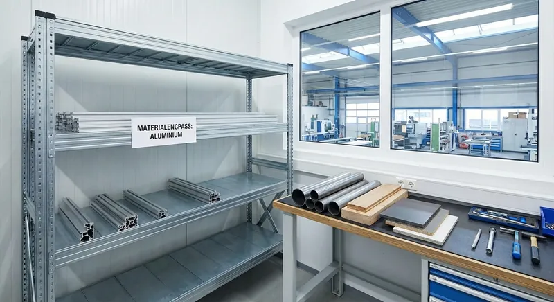 Aluminium-Profilsysteme und Transportkisten in einem Industrielager, daneben ein Einkäufer mit Tablet und Bestellliste