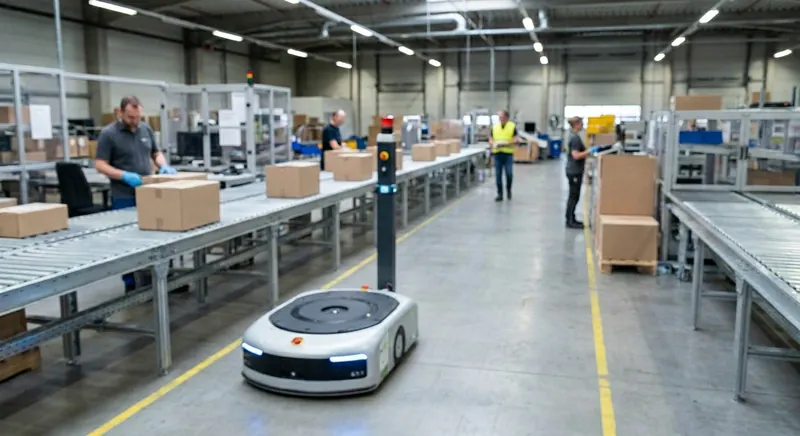 Autonomer mobiler Roboter neben einer Rollenbahn-Förderstrecke in einer Lagerhalle