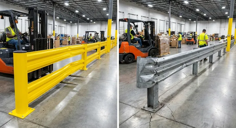 Gelber Polymer-Anfahrschutz schützt eine Hallenstütze und ein Rolltor in einem Logistikzentrum mit Gabelstaplerverkehr