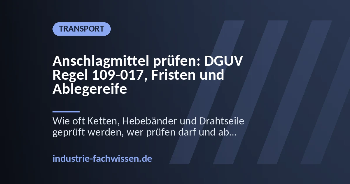 Befähigte Person misst mit einem Messschieber die Gliedstärke einer Anschlagkette, daneben hängen Hebebänder und Rundschlingen in einem Wandgestell