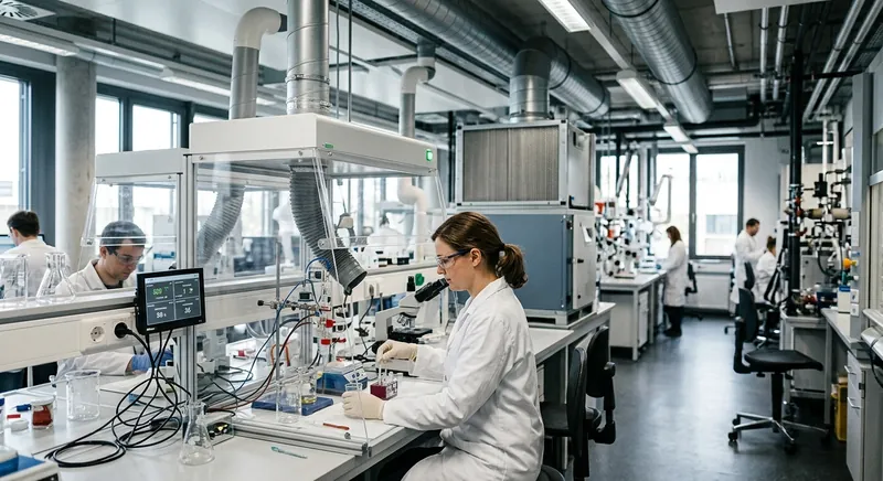 Büro mit geöffnetem Fenster zur Stoßlüftung, CO2-Ampel auf dem Schreibtisch und Lüftungsanlage an der Decke