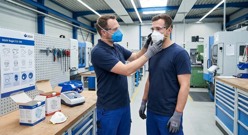 Mitarbeiter mit FFP2-Atemschutzmaske bei Schleifarbeiten in einer Metallwerkstatt mit sichtbarer Staubentwicklung