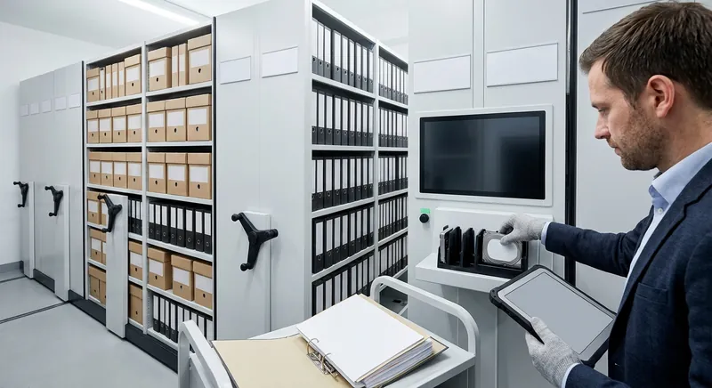 Beschriftete Ordner und Archivboxen in einem Büroregal zur geordneten Aufbewahrung von Geschäftsunterlagen
