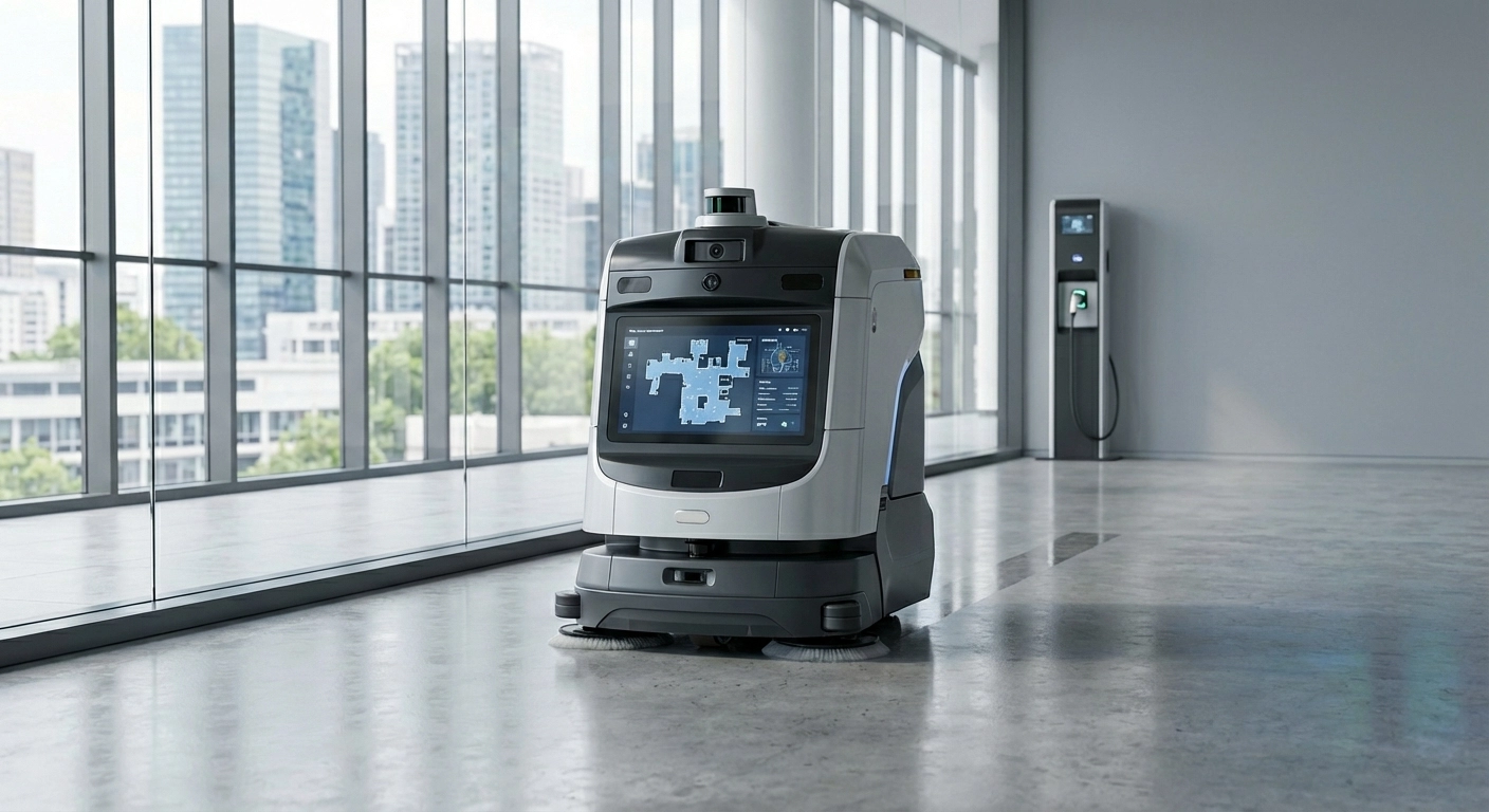 Autonomer Scheuersaugroboter reinigt selbstständig den Boden einer großen Logistikhalle neben einem Gabelstapler