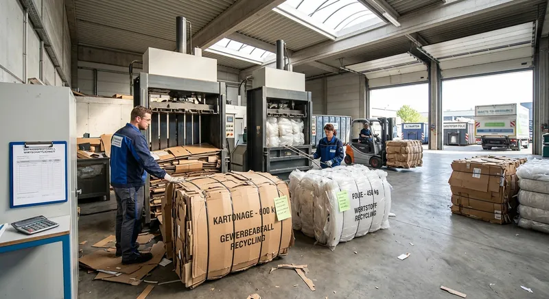 Vertikale Ballenpresse verdichtet Kartonage zu einem umreiften Ballen in einem Warenannahmebereich