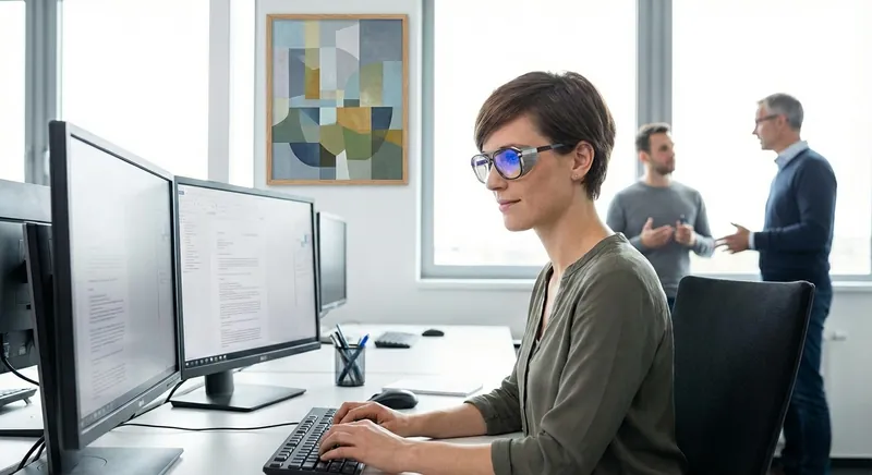 Mitarbeiterin mit Bildschirmbrille am Büroarbeitsplatz vor zwei Monitoren