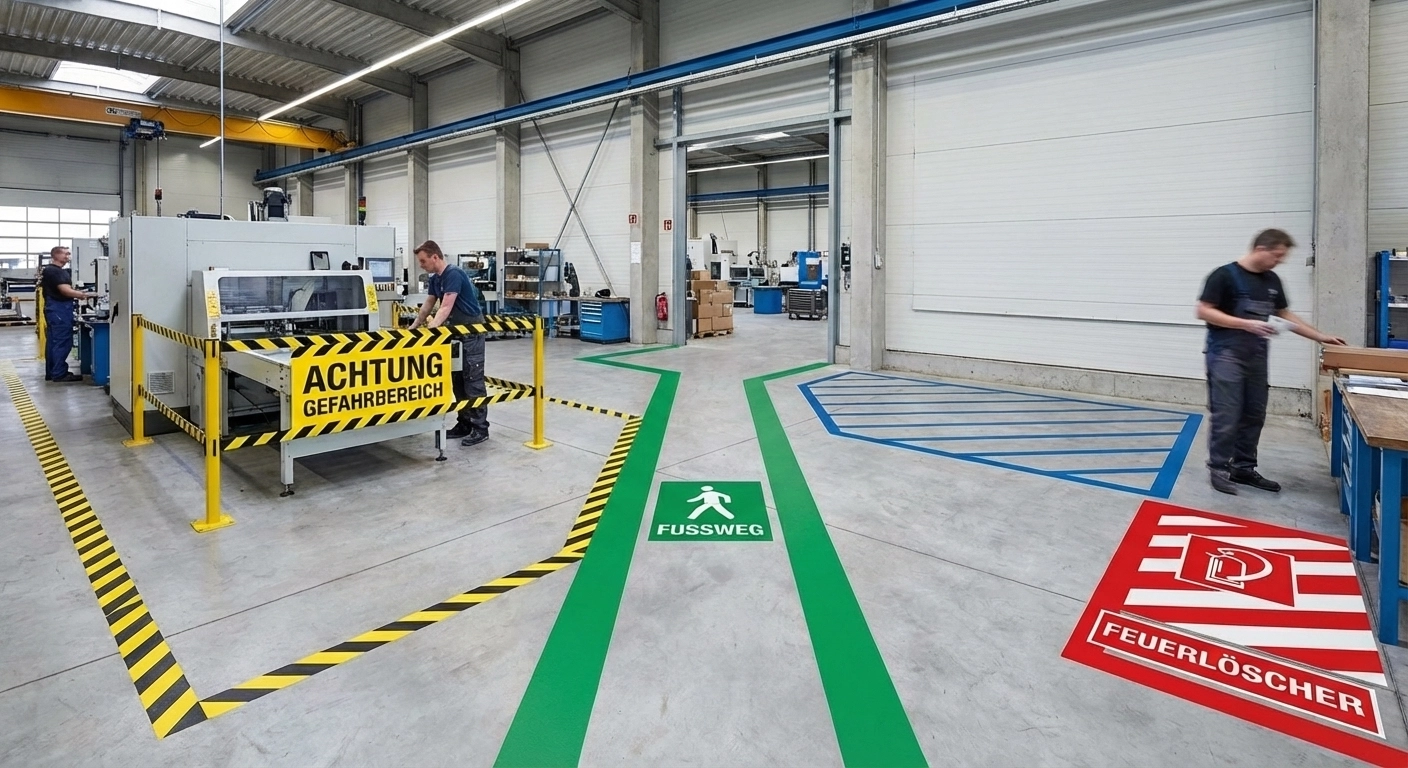 Bodenmarkierung Industrie 2026: Farbcode, ASR A1.3, Materialien und Kosten im Vergleich