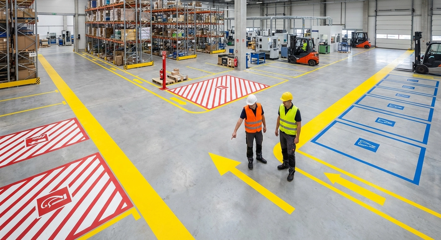 Bodenmarkierung in Produktion & Lager: DGUV-Vorschriften, Farben und Haltbarkeit