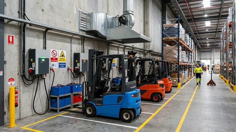 Batterieladestation für Elektrostapler mit gekennzeichnetem Ladeplatz, Ladegeräten und freigehaltenem Sicherheitsabstand