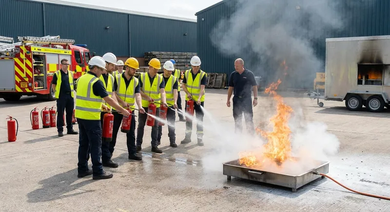 Beschäftigte bei einer praktischen Löschübung mit Feuerlöscher an einem Brandsimulationsgerät im Rahmen der Brandschutzhelfer-Ausbildung