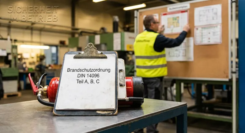 Aushang der Brandschutzordnung Teil A mit rotem Rahmen und Sicherheitszeichen im Eingangsbereich eines Bürogebäudes