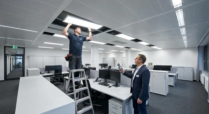 Modernes Büro mit LED-Panels an der Decke und gut ausgeleuchteten Bildschirmarbeitsplätzen
