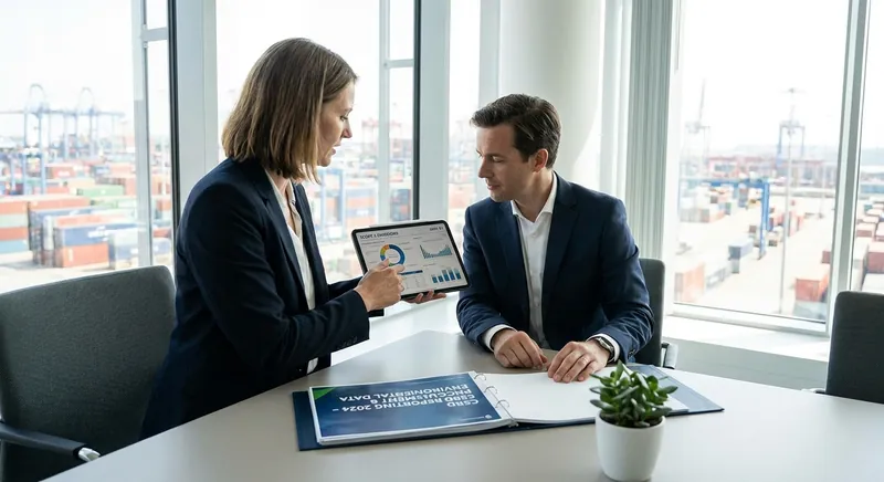 Einkäufer analysiert Scope-3-Emissionsdaten in einer Lieferketten-Software am Bildschirm