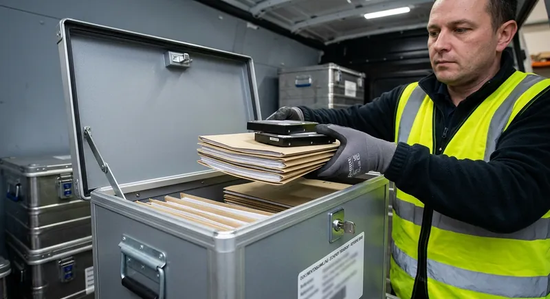 Abschließbarer Aluminium-Sammelbehälter für vertrauliche Akten und Datenträger in einem Büroflur
