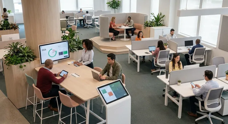 Modernes Hybrid-Büro mit flexiblen Arbeitsplätzen und Buchungssystem für Desk-Sharing 2026