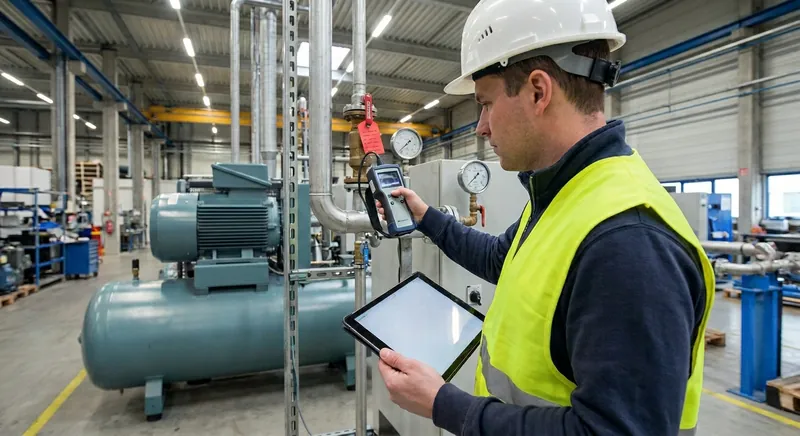 Techniker mit Ultraschall-Leckagesuchgerät an einer Druckluftleitung in der Werkstatt