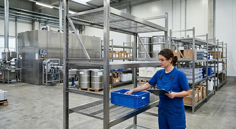 Edelstahlregale in Lebensmittelbetrieb mit Trockenprodukten und Schutzausrüstung