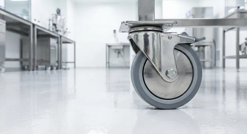 Edelstahl-Lenkrolle mit Polyurethan-Laufbelag an einem hygienischen Transportwagen in einer Lebensmittelproduktion