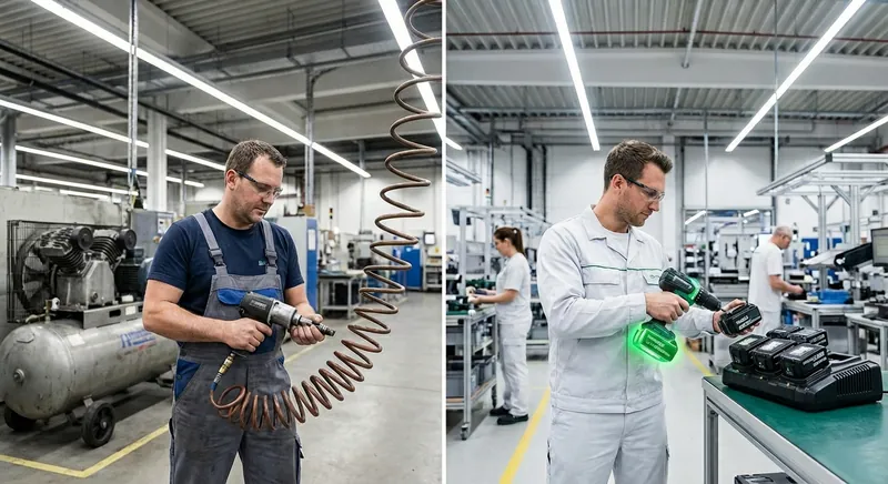 Industriemechaniker arbeitet mit bürstenlosem Akku-Schlagschrauber an einer Stahlkonstruktion, im Hintergrund ein Druckluftkompressor