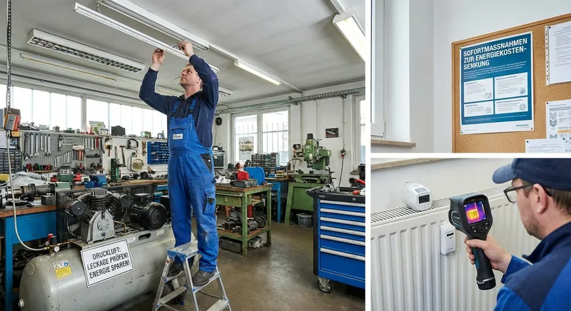 Industriewerkstatt mit LED-Hallenleuchten und Druckluftkompressor, Betriebsleiter prüft Energieverbrauchsdaten auf einem Tablet