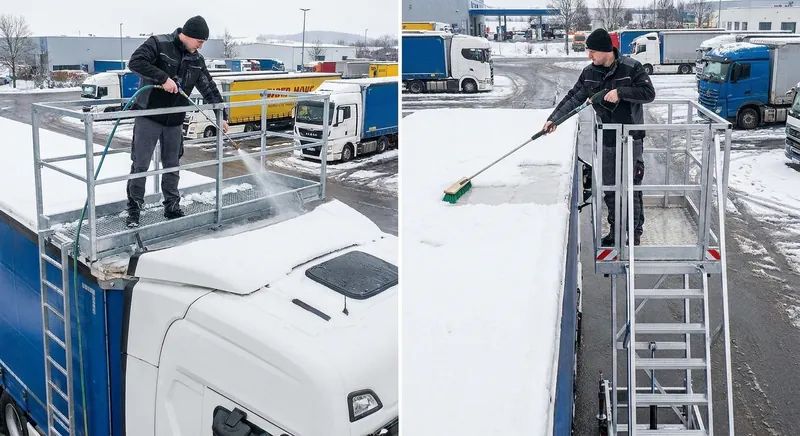 Stationäre Aluminium-Enteisungsbühne mit Laufsteg und Treppenaufgang neben einem Sattelzug auf einem Speditionshof