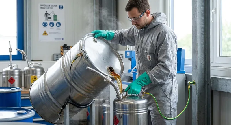 Mitarbeiter füllt eine entzündbare Flüssigkeit aus einer Sicherheitskanne mit Feindosierhahn in ein kleines Gebinde um