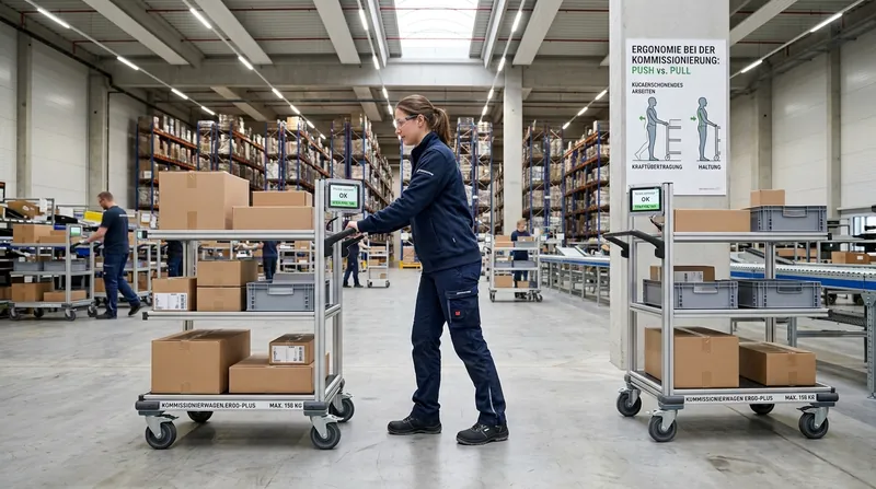 Kommissionierer schiebt einen ergonomischen Kommissionierwagen mit mehreren Fächern durch einen Lagergang