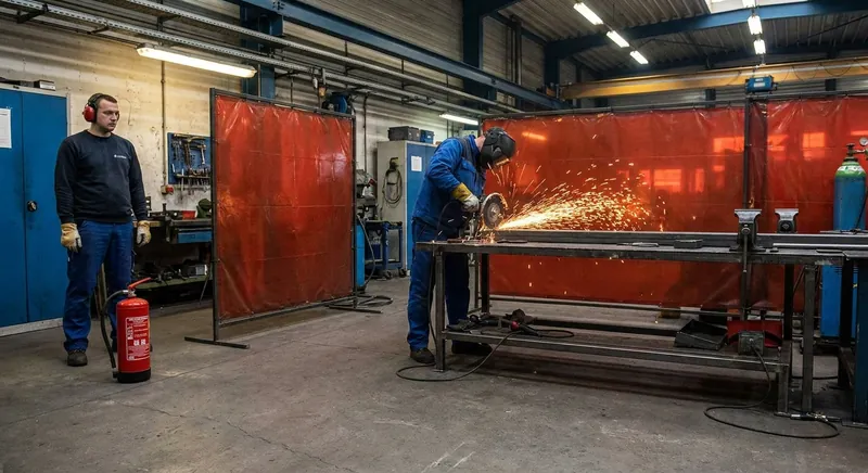 Trennschleifarbeiten in einer Werkstatt mit Funkenflug, abgedeckten Brandlasten und bereitgestelltem Feuerlöscher im Hintergrund