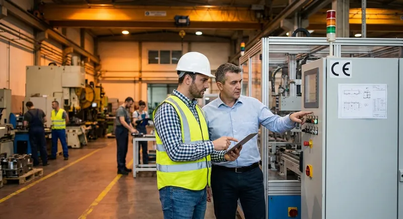 Industriewerkstatt mit modernen Maschinen, CE-Kennzeichen und digitaler Konformitätsdokumentation