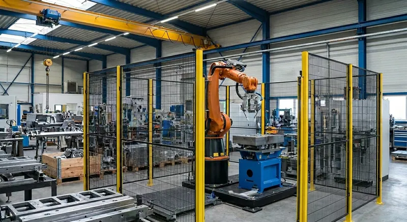 Modularer Maschinenschutzzaun mit Schiebetür und Verriegelung in einer Produktionshalle