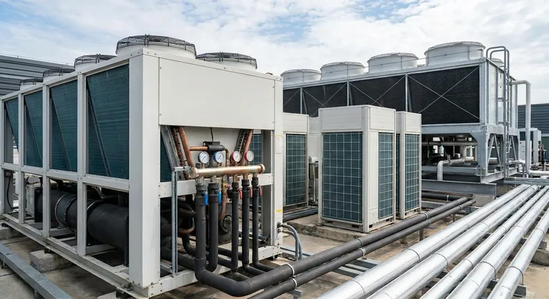 Industrielle Kaelteanlage mit Druckmessgeraeten und Kaeltemittelflaschen waehrend einer Dichtheitskontrolle