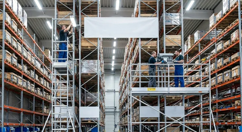 Aluminium-Fahrgerüst im Einsatz bei Wartungsarbeiten in einer Industriehalle