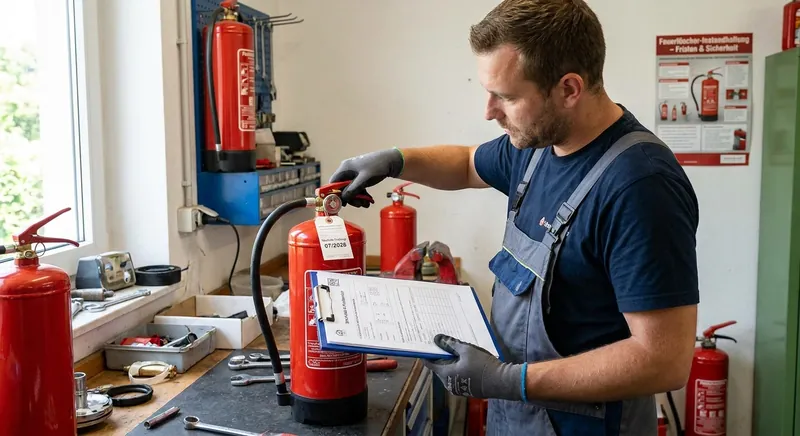 Sachkundiger prüft einen geöffneten Schaumfeuerlöscher und dokumentiert die Instandhaltung nach DIN 14406-4