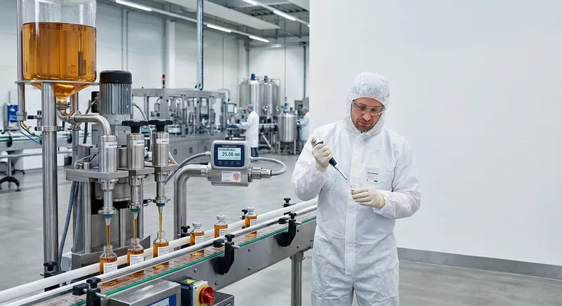 Abfüllen einer Flüssigkeit aus einem IBC mit Fasspumpe und Durchflusszähler in ein kleineres Gebinde