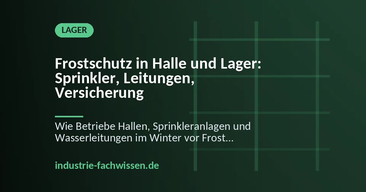 Haustechniker prüft in einer winterlichen Lagerhalle die Temperaturanzeige an einer Sprinklerzentrale, im Hintergrund gedämmte Rohrleitungen unter dem Hallendach