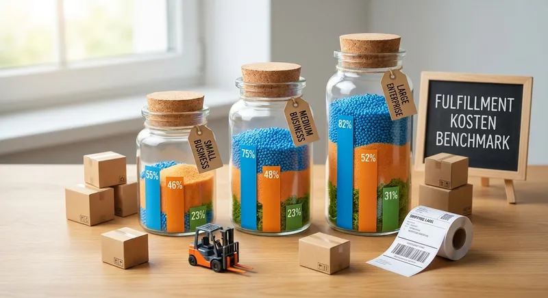 Kommissionierer im E-Commerce-Fulfillmentlager packt einen Versandkarton an einem Packtisch