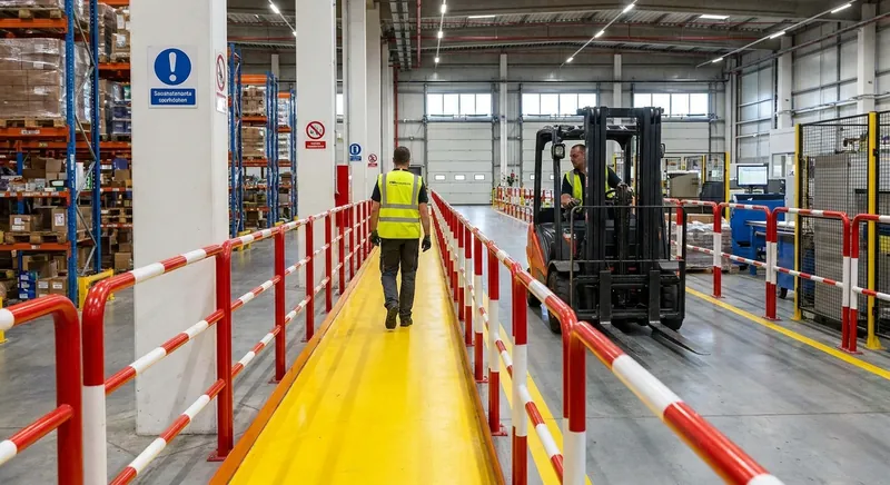 Lagerhalle mit klar markierten Fußgängerwegen, Schutzgeländern und Staplerfahrwegen