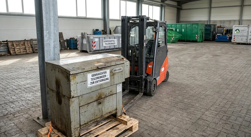 200-Liter-Fass mit gebrauchtem Kaltreiniger und Gefahrgutkennzeichnung in einer Werkstatt