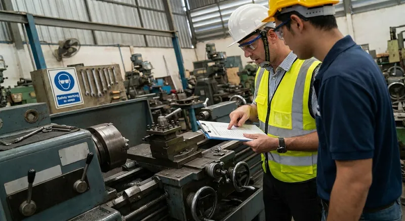 Sicherheitsfachkraft bei der Gefährdungsbeurteilung an einer Werkzeugmaschine in der Werkstatt