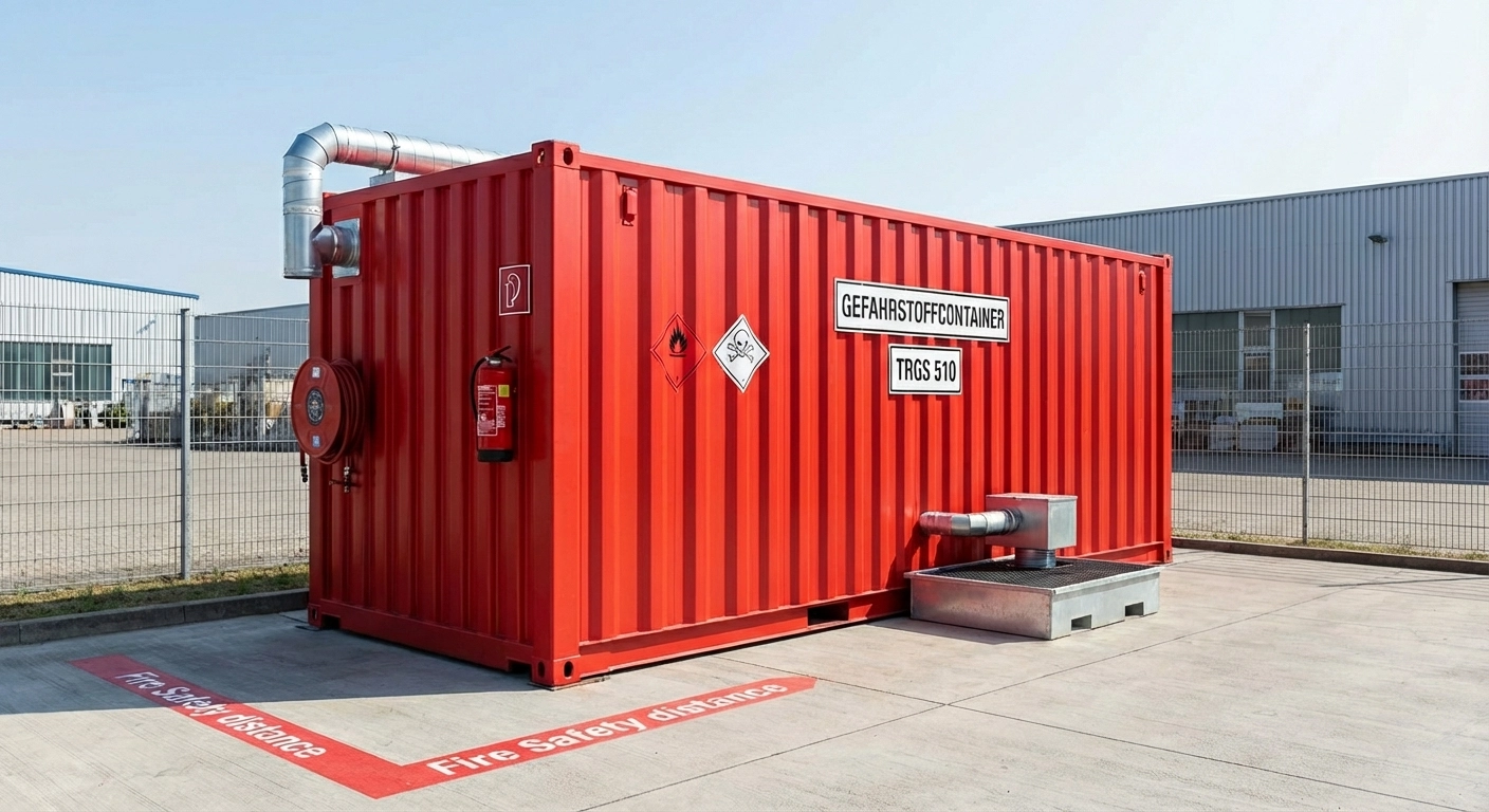 Gefahrstoffcontainer für Außenlagerung 2026: Genehmigung, Brandschutz und Zusammenlagerung nach TRGS 510