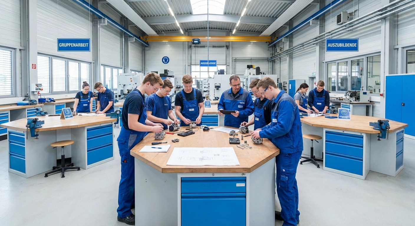 Gruppenwerkbänke für Ausbildung, Teamarbeit und Inselfertigung: Planung, Layouts und Praxis