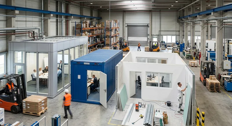 Modulares Hallenbüro in einer Lagerhalle als geschützter Arbeitsplatz für den Meister