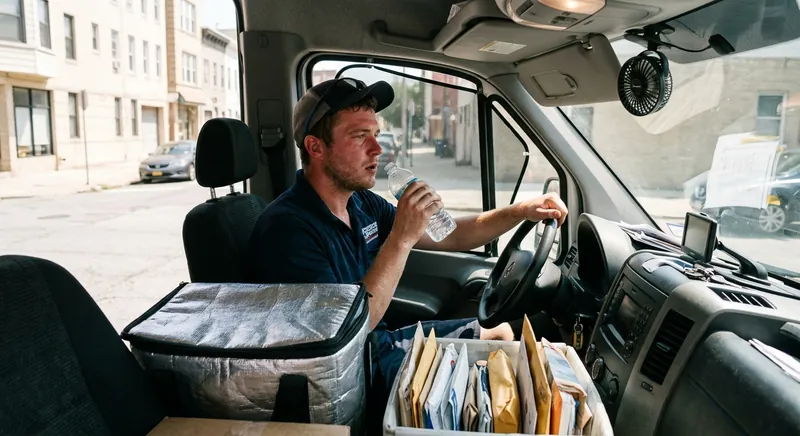 Lkw-Fahrer und Paketzusteller bei Hitze, mit Sonnenschutz an der Windschutzscheibe, Trinkflasche und Klimaanlage im Fahrerhaus