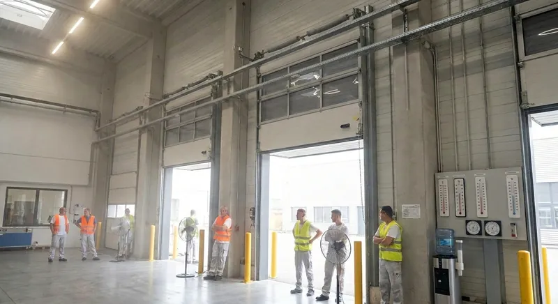 Industriehalle im Sommer mit Belüftung als Symbol für Hitzeschutz am Arbeitsplatz