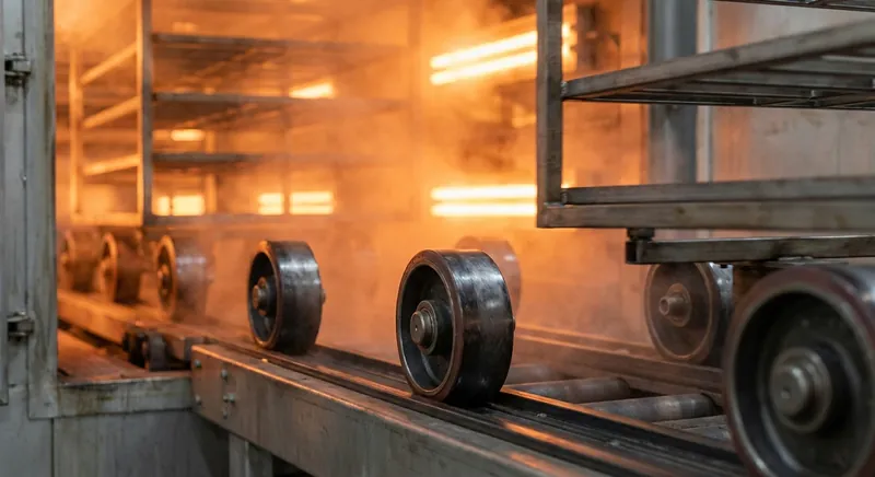 Hitzebeständige Phenolharz-Rolle an einem Stikkenwagen vor einem industriellen Durchlaufofen